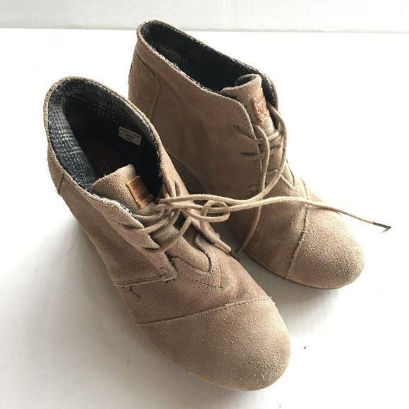 TOMS Desert Taupe Wedge Ankle Booties Shoes Suede Leather‎ Women's Size 8.5 - Picture 2 of 8